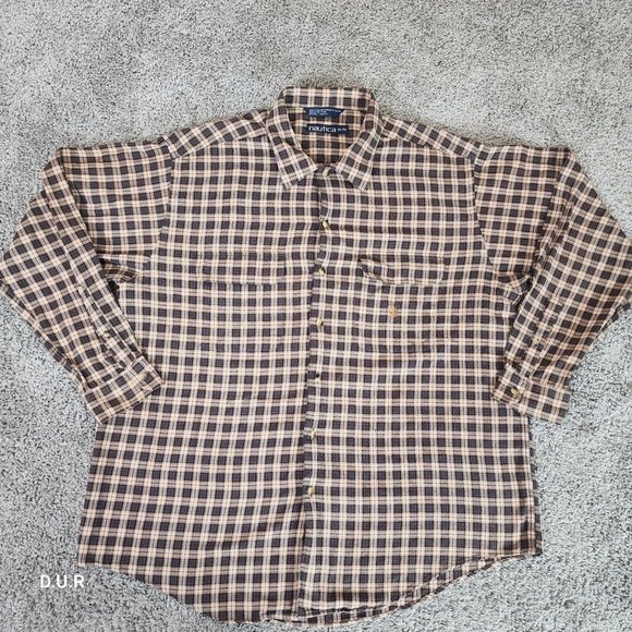 Vintage Nautica Shirt Men's XL Brown Tan Striped Long Sleeve Casual Pocket Logo - Picture 1 of 12